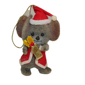 VTG Flocked Mouse Twinkle Ornament Christmas Mice Santa Hat